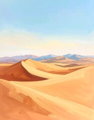 Fototapeta premium A painted landscape showcasing expansive sandy dunes under a clear blue sky with a hint of hazy mountains in the distance