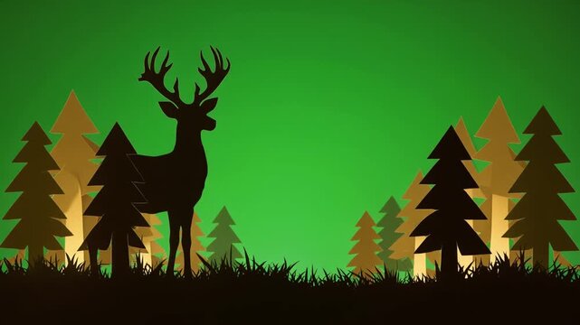 Paper cut style illustration of a deer with antlers standing in a forest landscape with evergreen trees