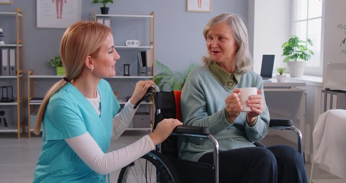 Happy and cheerful female doctor or nurse spending leisure time together with a senior woman patient sitting in a wheelchair at a nursing home, providing companionship and quality care.