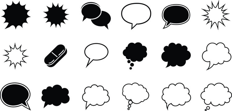 Varied collection of comic speech and thought bubbles, including shapes, starbursts, and a pill icon.