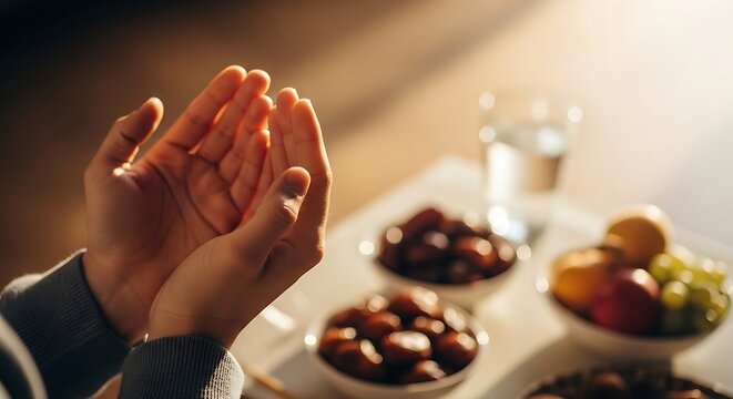 Muslim Person Making Dua Before Iftar with Dates and Water - Ramadan Fasting and Prayer Concept