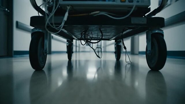A medical ecg machine on wheels is pushed through a hospital corridor viewed from the floor