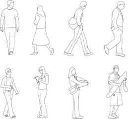 Detailed 2D Human Cutouts for Photoshop and CAD Featuring People Standing, Looking at Phones, and Engaging in Conversations for Design Projects 