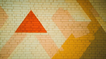 A red triangle on a brick wall with a yellow design