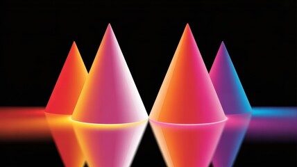 Vibrant cones of light reflected on a dark surface