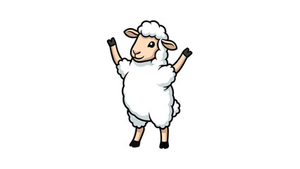Naklejka premium Happy cartoon sheep standing with raised front hooves, isolated. Cute and cheerful animal character illustration.