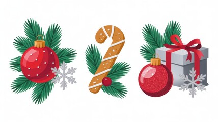 Christmas icons with ornaments and gifts