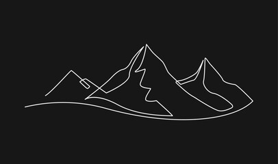 Continuous Line Drawing of Minimalist Mountain Range Peaks on Black Background - Vector Illustration