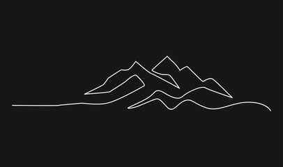 Minimalist Continuous Line Drawing of Mountain Peaks and Rolling Hills on Black Background Vector Illustration
