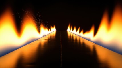 A dark tunnel with fiery orange lights on the sides