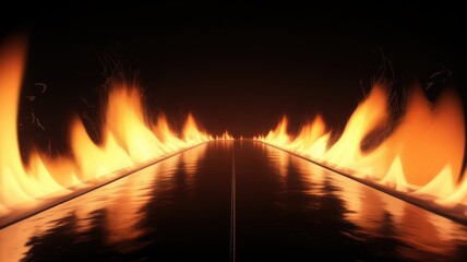 Flames engulfing railroad tracks at night