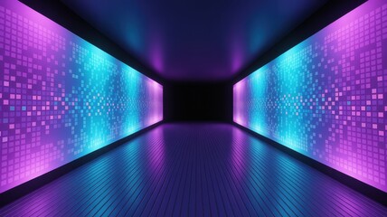 A futuristic tunnel with vibrant purple and blue led lights