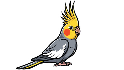 Fototapeta premium Vibrant cartoon cockatiel illustration with yellow crest and orange cheeks, isolated on white background, pet bird vector art