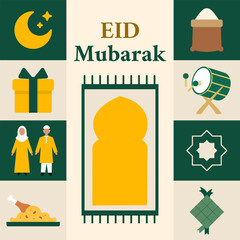 Flat geometric vector illustration featuring Eid Mubarak text and Islamic shapes, designed for posters, greeting cards, social media posts, banners, and cover layouts with a modern religious style.