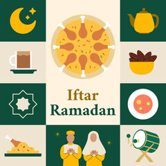 Flat geometric vector illustration featuring Iftar Ramadan symbols and Islamic shapes, ideal for posters, greeting cards, social media posts, banners, and cover designs with a modern religious style.