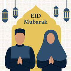 Flat vector illustration of a Muslim couple greeting for Eid Mubarak on a square background with Islamic lanterns and patterns, ideal for greeting cards, social media posts, and banners