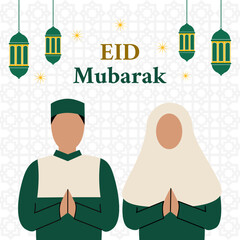 Vector illustration of a Muslim couple greeting for Eid Mubarak on a square background with Islamic lanterns and patterns, ideal for greeting cards, social media posts, banners, and holiday designs.