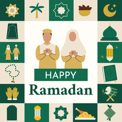 Flat geometric vector illustration featuring Ramadan Kareem symbols and Islamic shapes, designed for posters, greeting cards, social media posts, banners