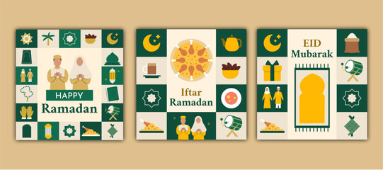 Set of modern vertical vector backgrounds for Ramadan Kareem and Eid Mubarak featuring Islamic patterns and mosaic illustrations, ideal for greeting cards, banners, and social media template designs.