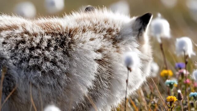 Arctic Fox profile close up standing among white cotton grass tundra flowers