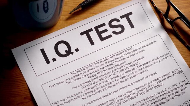 A detailed close-up shows an 'I.Q. TEST' document with a prominent red 'PASSED' stamp, indicating successful intellectual evaluation.