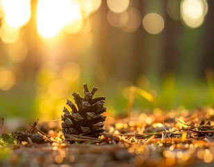 Fototapeta premium Close-up of a pine cone bathed in golden sunlight, with blurred forest in background