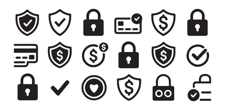 Security and verification check icons with shield lock checkmark and financial protection symbols