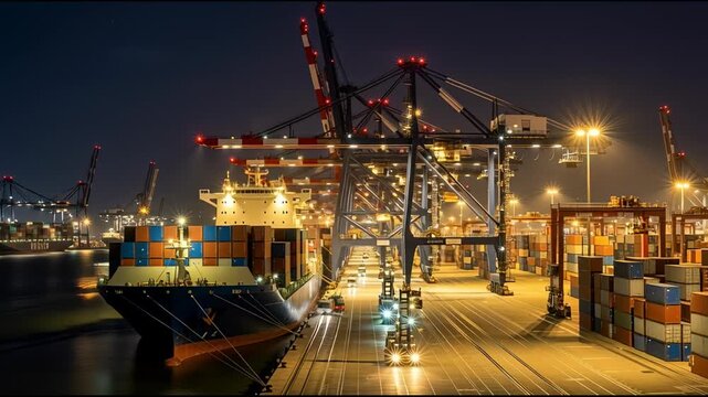 Cargo ship at industrial port with containers and cranes at night