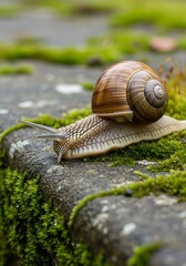 Terrestrial gastropod mollusk with a spiral shell slowly traverses damp, moss-covered stone