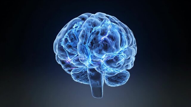 Animated 3D Human Brain Visualization with Glowing Neural Pathways and Pulsing Synaptic Activity
