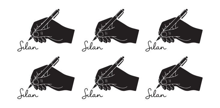 Set of human hands writing signature with pen vector illustration for various design concepts