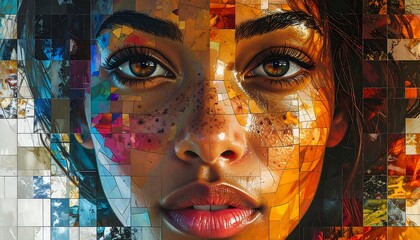 Close-up of a woman's face, mosaic style. Vivid colors and geometric patterns compose a striking portrait