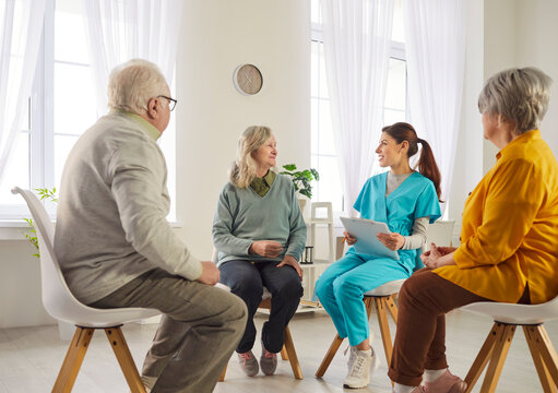 Senior people psychological treatment and doctor circle session, nurse talk therapy, psychotherapy, care assistant in retirement home, old age nursing, older adults supportive community, geriatrician 