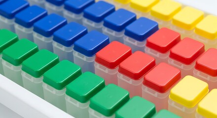 Obraz premium Colorful laboratory containers with vibrant caps arranged in a multi-colored sequence on a white surface viewed from an angled perspective.