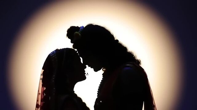 Silhouette Radha Krishna divine love, romantic embrace, religious art, Hindu mythology, Indian culture, spiritual, devotional, ethereal, captivating