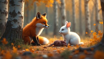Fototapeta premium Cute fox and white bunny sit on forest floor with fallen autumn leaves. Small rabbit toy rests between them. Gentle woodland scene suggests friendship or shared curiosity between species.