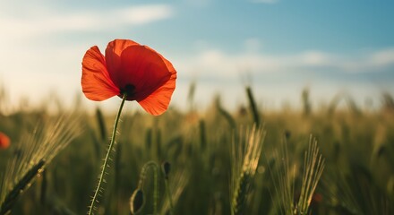 Obraz premium Close-up of a vibrant red poppy in a field of golden wheat with a bright blue sky