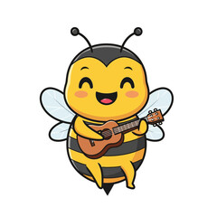 Obraz premium Cute Cartoon Honeybee Playing Ukulele Guitar Illustration Isolated on White Background