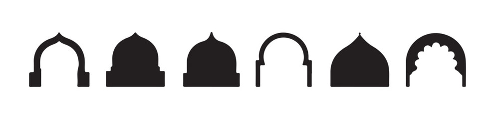 Islamic arch silhouettes with pointed shapes and a dome element for graphic design assets © MdJahid