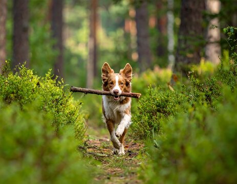 A dog runs through a forest, carrying a large stick in its mouth