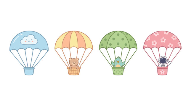 parachute cute cartoon vector set , isolate on a white background. SVG and PNG