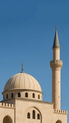Fototapeta premium a large beige hue mosque with a tower and dome, Islamic concept