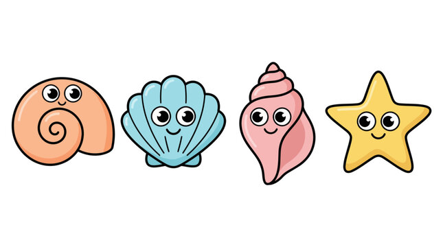 seashell cute cartoon vector set , isolate on a white background. SVG and PNG