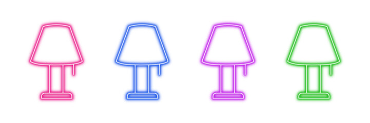 Neon glowing table lamp vector icons set, vibrant colorful outline, home decor, interior lighting, modern digital design on transparent background.
