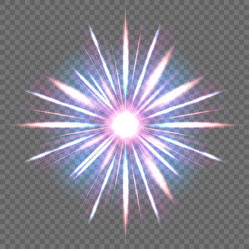 Abstract futuristic neon light explosion with glowing sparkles and rays, Vector lens flare sunburst design element for photo retouching
