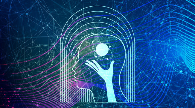 Human head with hand holding atom inside. Medicine, education and science concept. Positive thinking. Good mental health condition. Personal growth and development. Creativity and innovation.
