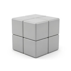 Fototapeta premium Symmetrical stack of six gray plastic cubes arranged on white surface