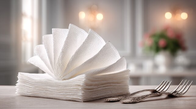 A stack of precisely folded white linen napkins on a table