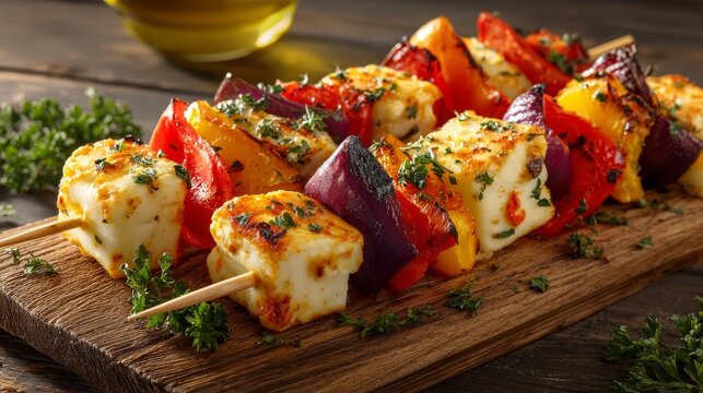 Air Fryer Halloumi and Bell Pepper Skewers on a Wooden Board