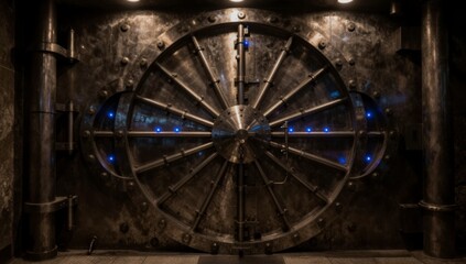 Obraz premium Close up of a large circular heavy steel vault door with spokes and blue illuminated accents